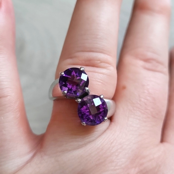 Vintage 925 Silver Assymetric Double Amethyst Ring - Picture 4 of 5